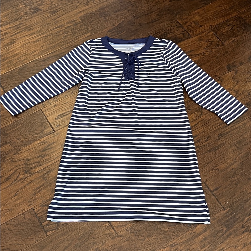 Women’s Navy and White Striped swim coverup.